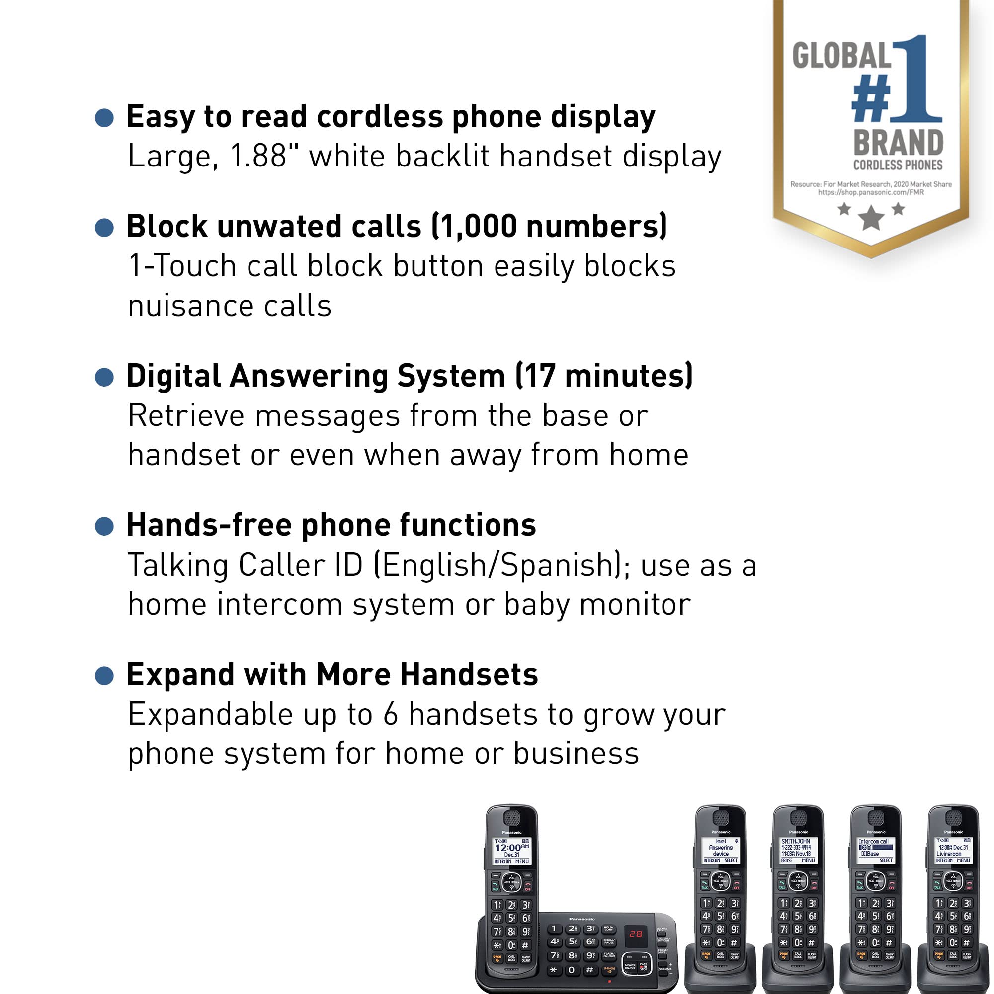 Panasonic Dect 6.0 Expandable Cordless Phone System With Answering Machine And Enhanced Noise Reduction   5 Handsets   Kx Tge645